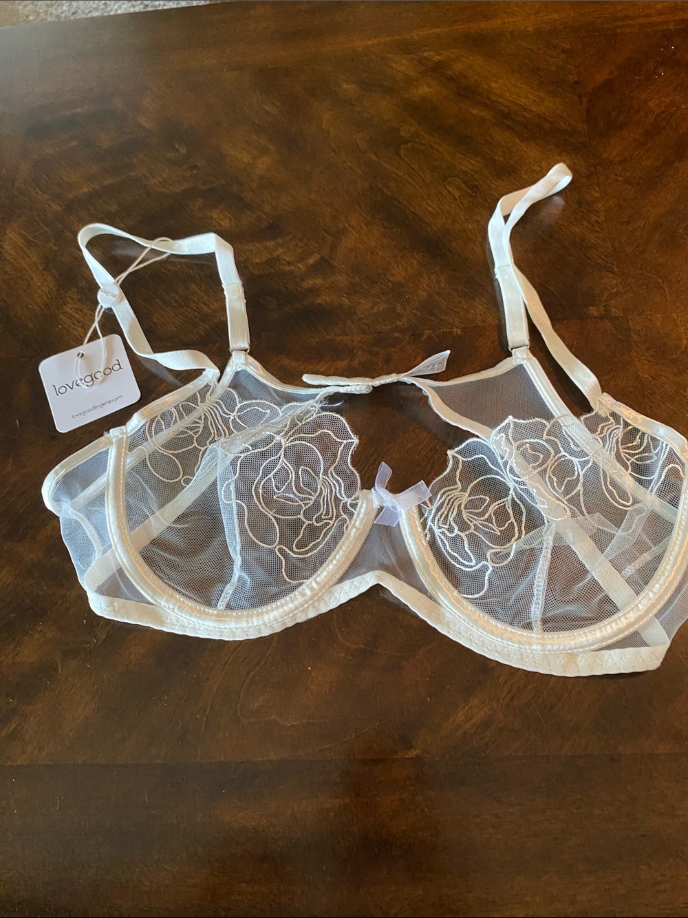Sheer Embroidered Rose Underwire Bra in White lovegood